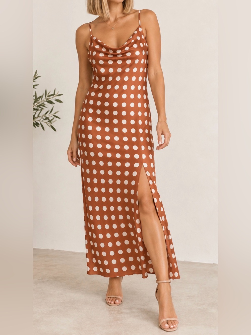 Polka Dot Cowl-Neck Maxi Dress in Rust and White